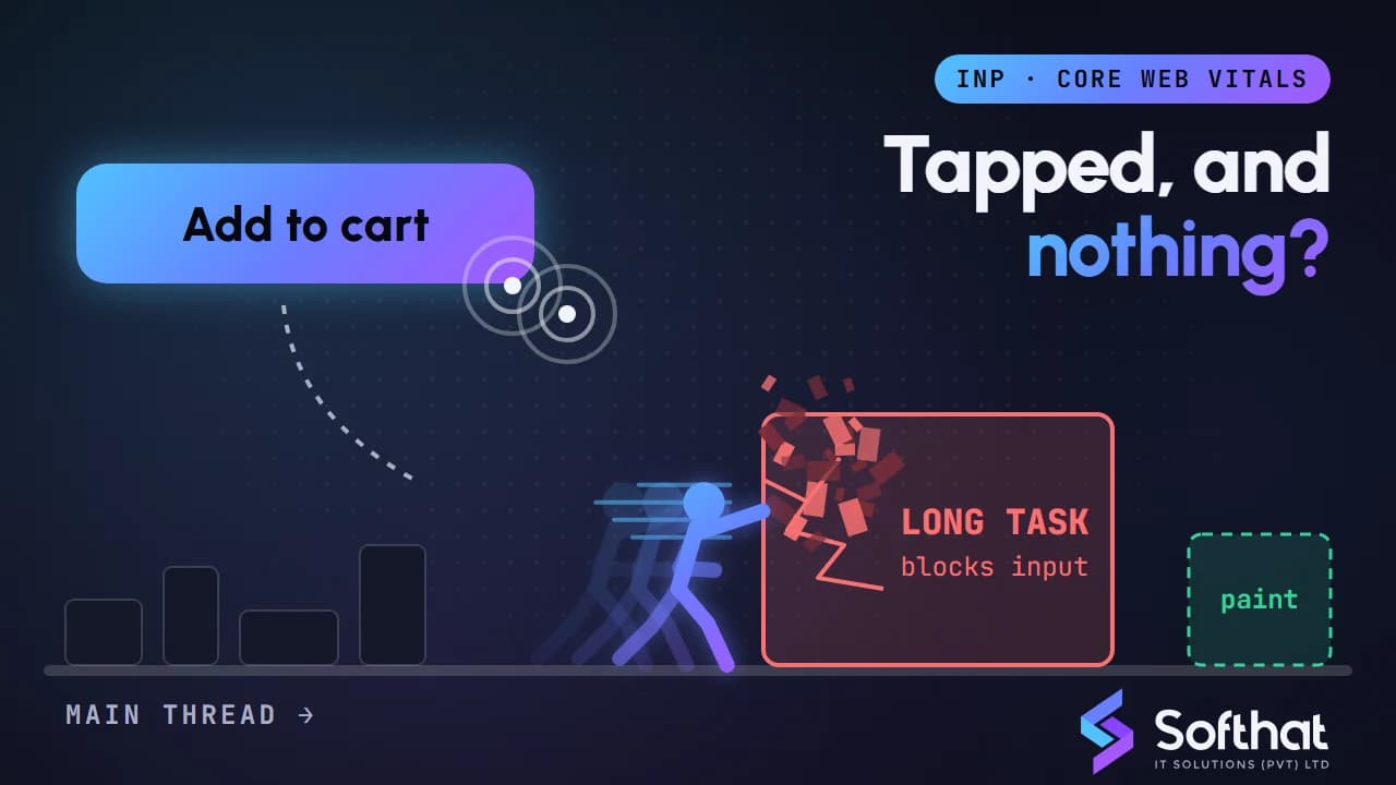Smartphone showing a tapped button with a response time gauge in the good range for Interaction to Next Paint