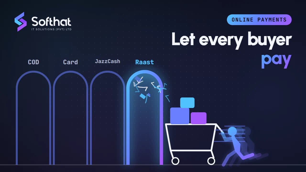 Online store checkout page showing Raast, mobile wallet, card and cash on delivery payment options