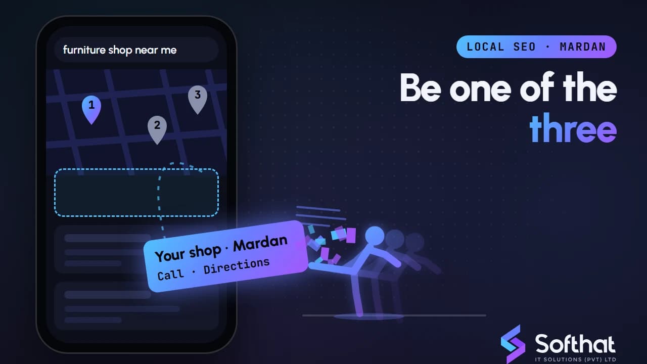 Illustration of a map pin and search results representing local SEO for businesses in Mardan