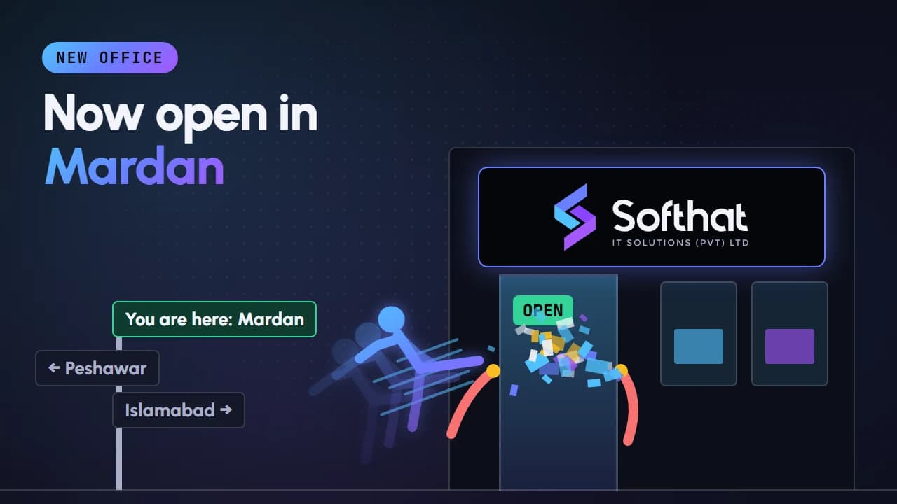 Softhat IT Solutions branded graphic announcing the new software house office in Mardan