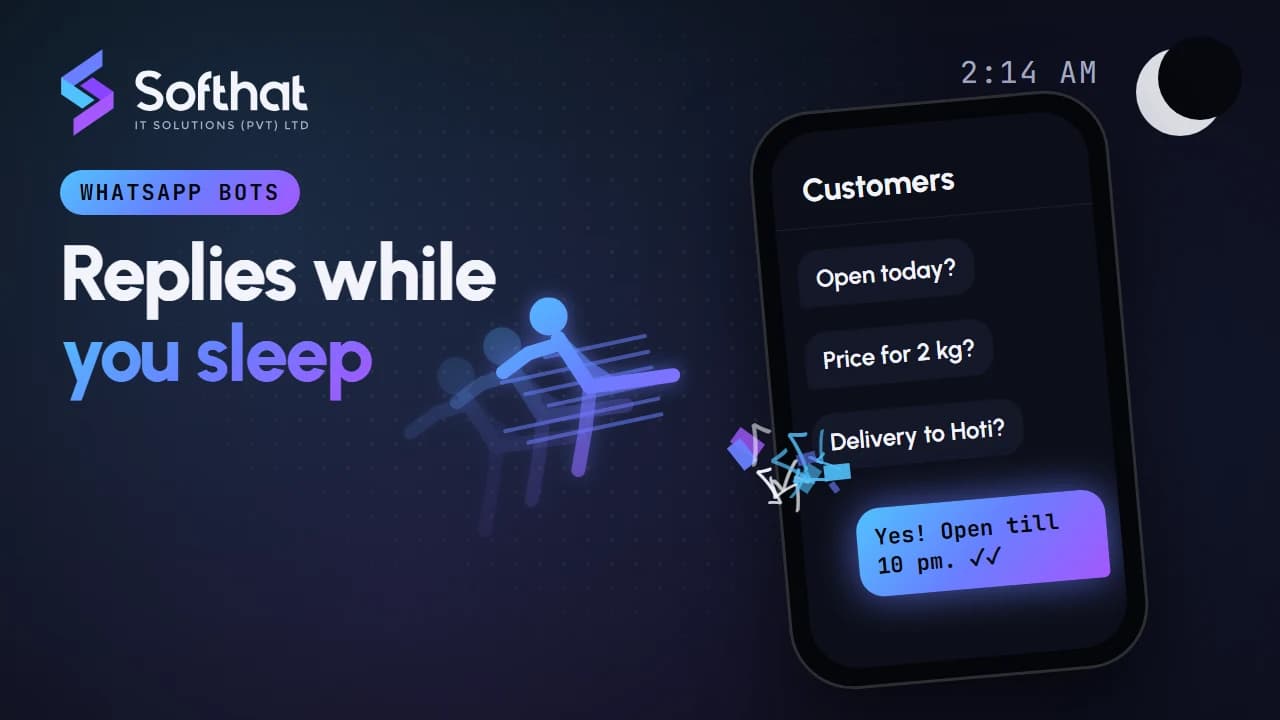 WhatsApp chatbot for small businesses, showing a chat flow from greeting to human handoff