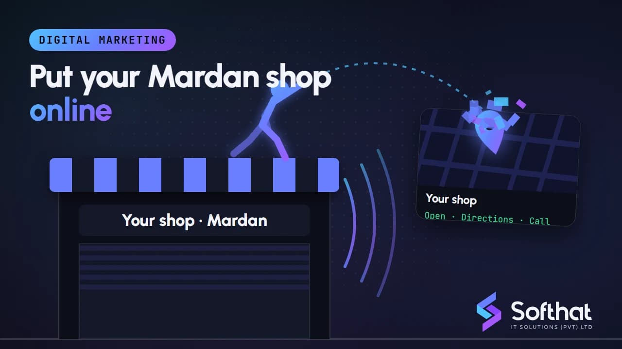 Illustration of marketing channels for a local business in Mardan: search, social media, WhatsApp and ads